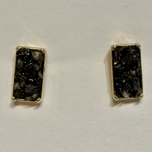 Natural Black Druzy Quartz Crystal Gold Plated Bar Stud Earrings 0.6" - Picture 7 of 9